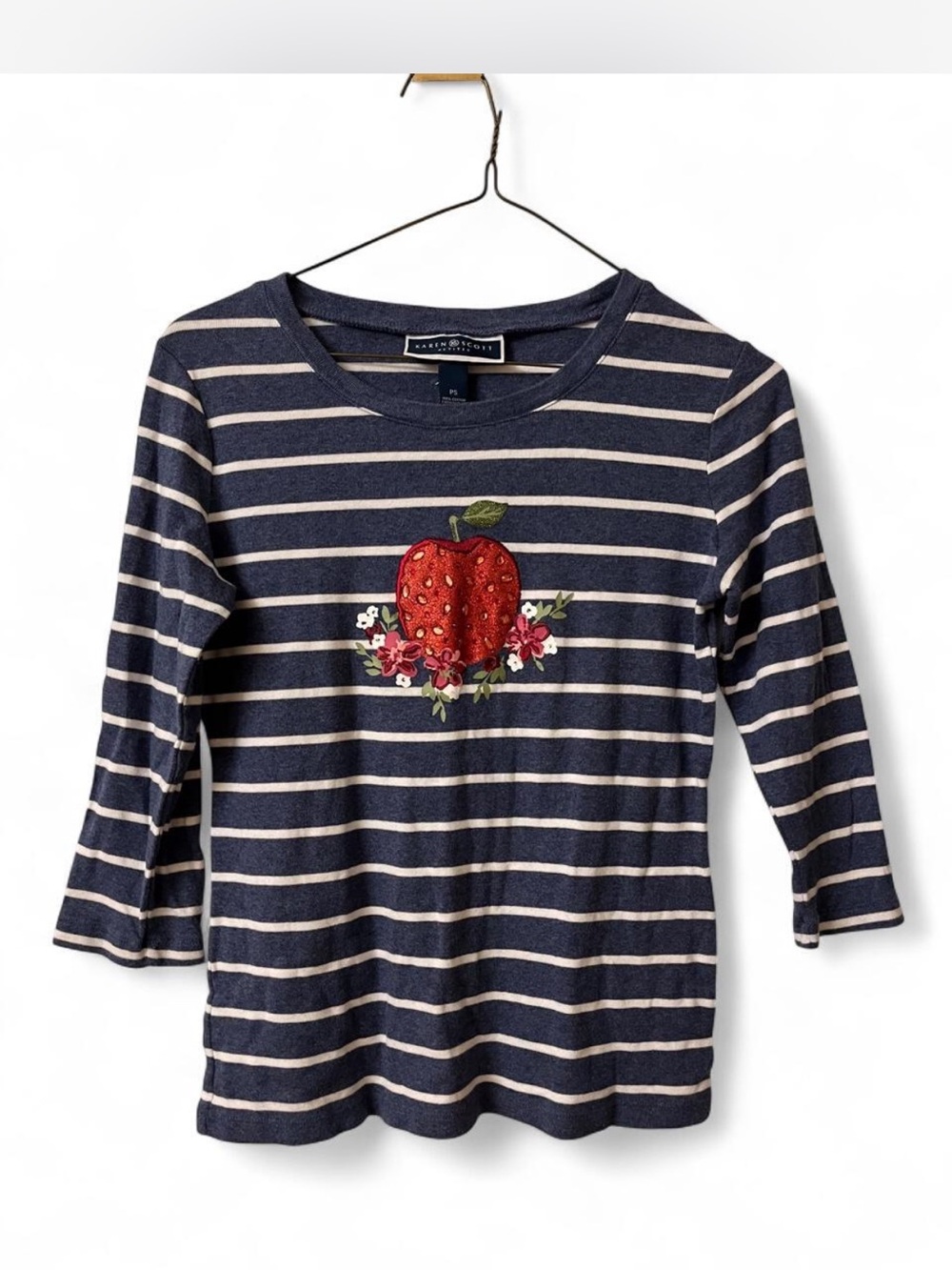 Karen Scott Petite Small Navy Striped Embroidered Apple 3/4 Sleeve Top